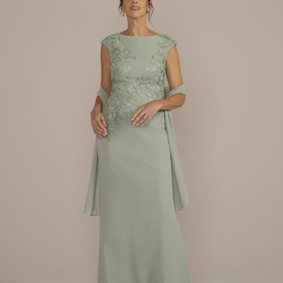 Oleg Cassini Dresses & Skirts - Oleg Cassini Floral Embroidered Chiffon Gown with Shawl Size 16 Dusty Sa…
